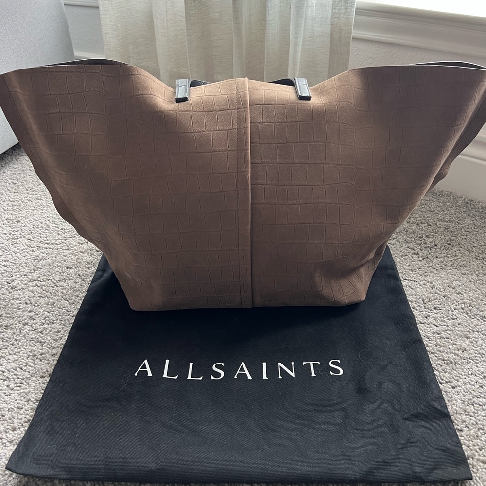 All Saints Phoenix Crocodile Embossed Gray Leather Tote Bag
